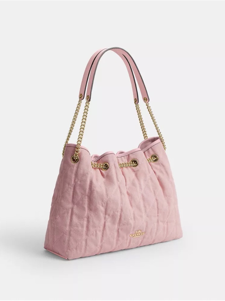 Coach Evelyn Pink Quilted Drawstring Shoulder Bag With Gold Chain